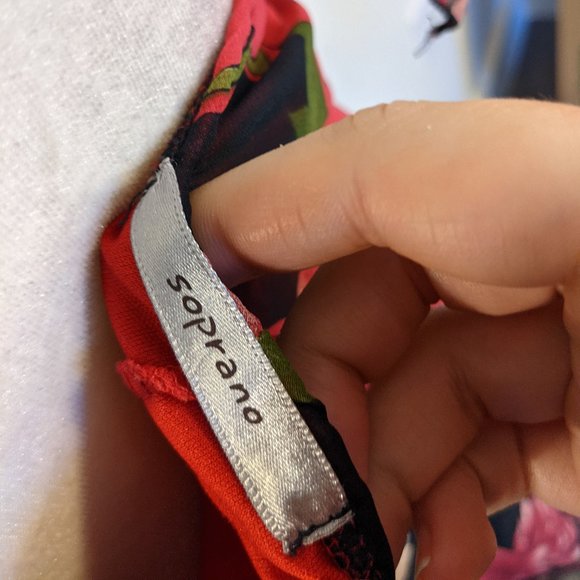 soprano neck-tie red brown pink black floral dress - Picture 6 of 6